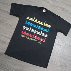 Vintage‎ 90s JERZEES Graphic Print T-Shirt WASHINGTON DC USA Made Metallic Sz L